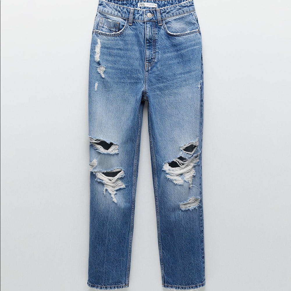 ZARA 100% Cotton High Rise Straight Leg Jeans with Rips Women Size 6
